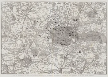 Copie de la carte montrant les barrières de péage et les principales barrières dans un rayon de six miles de Charing-Cross, présentée à Lord Palmerston par le Comité de réforme des péages